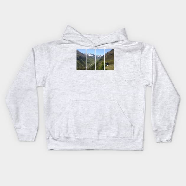 A shot on the move from the driver window of an electric car with snow-covered alps mountains in front of it. Sunny summer day. POV first person view shot on a mountain road. Italy Kids Hoodie by fabbroni-art